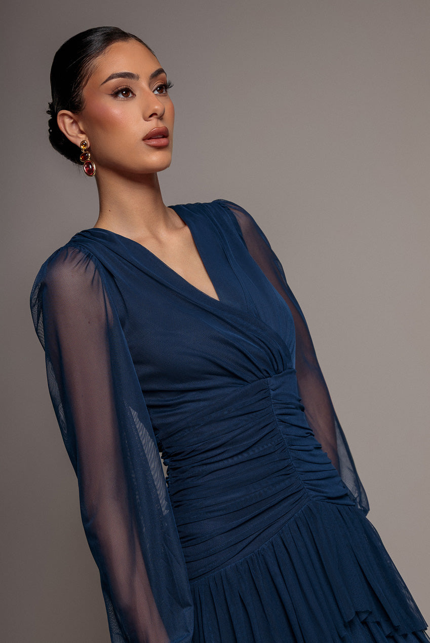 Goddiva Gathered High & Low Tiered Midi Dress - Navy Blue