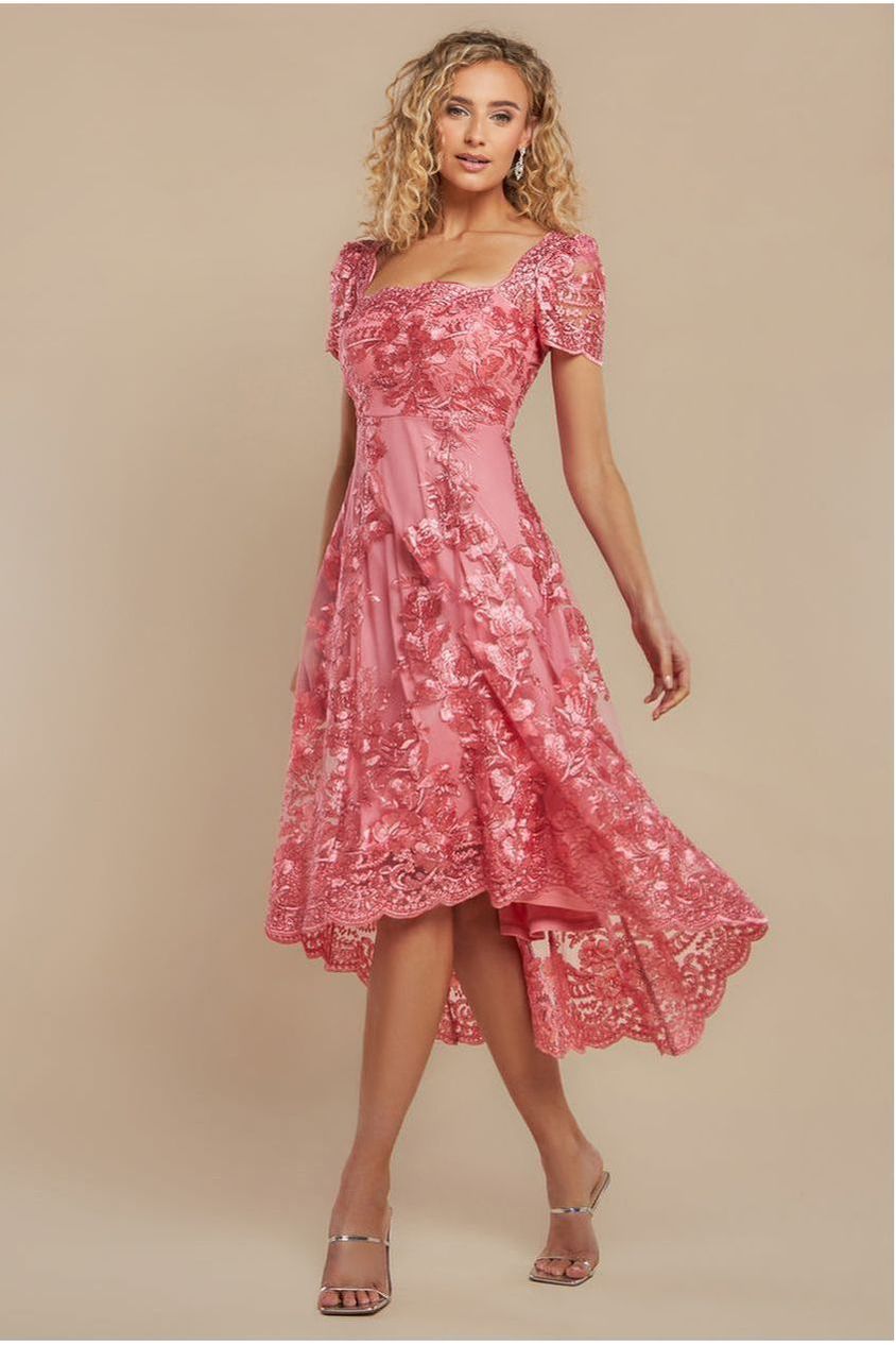 Goddiva Scalloped Neck Embroidered Lace High Low Midi Dress - Coral