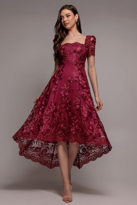Goddiva Scalloped Neck Embroidered Lace High Low Midi Dress - Burgundy