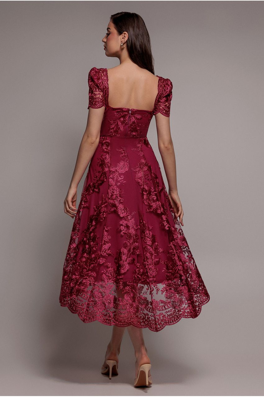 Goddiva Scalloped Neck Embroidered Lace High Low Midi Dress - Burgundy