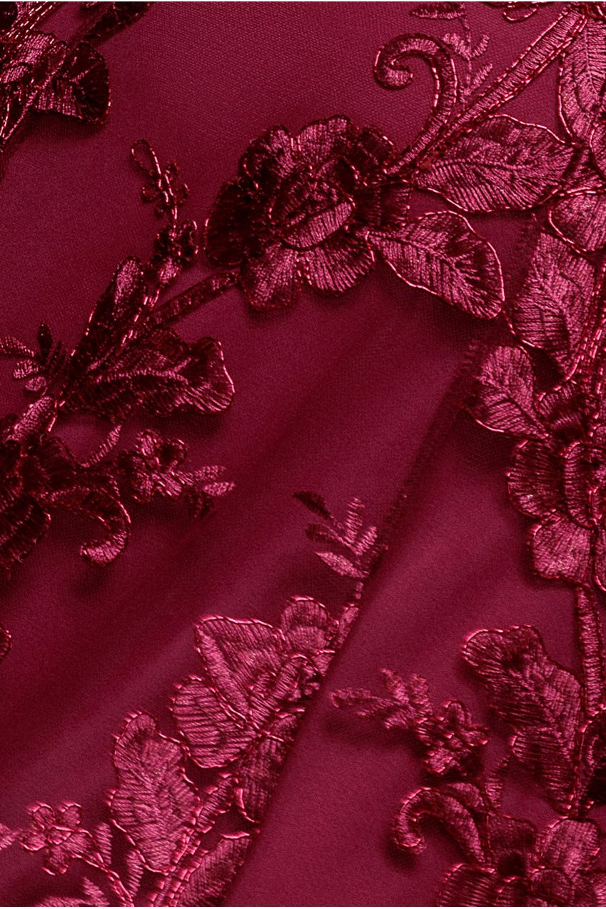 Goddiva Scalloped Neck Embroidered Lace High Low Midi Dress - Burgundy