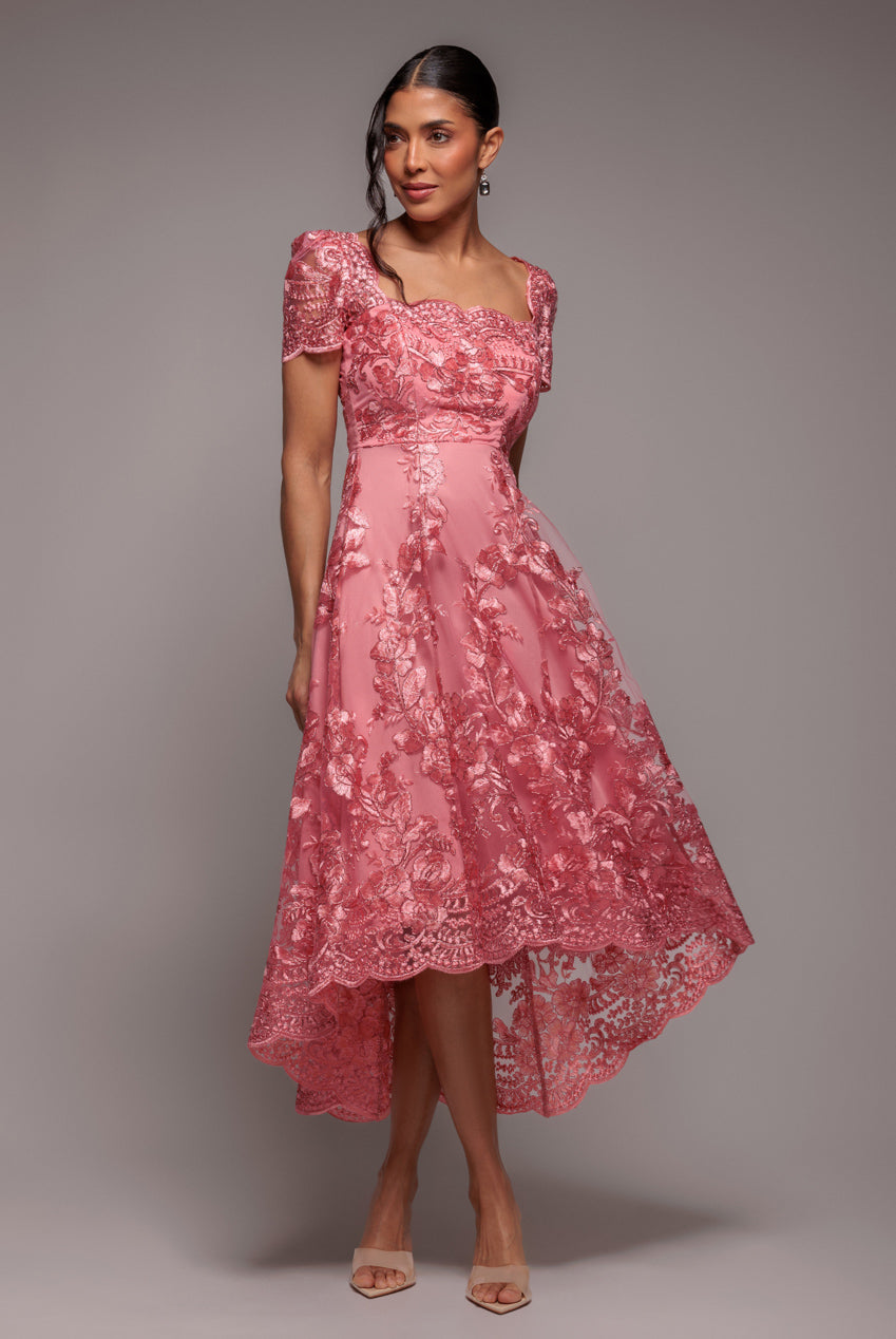 Goddiva Scalloped Neck Embroidered Lace High Low Midi Dress - Coral