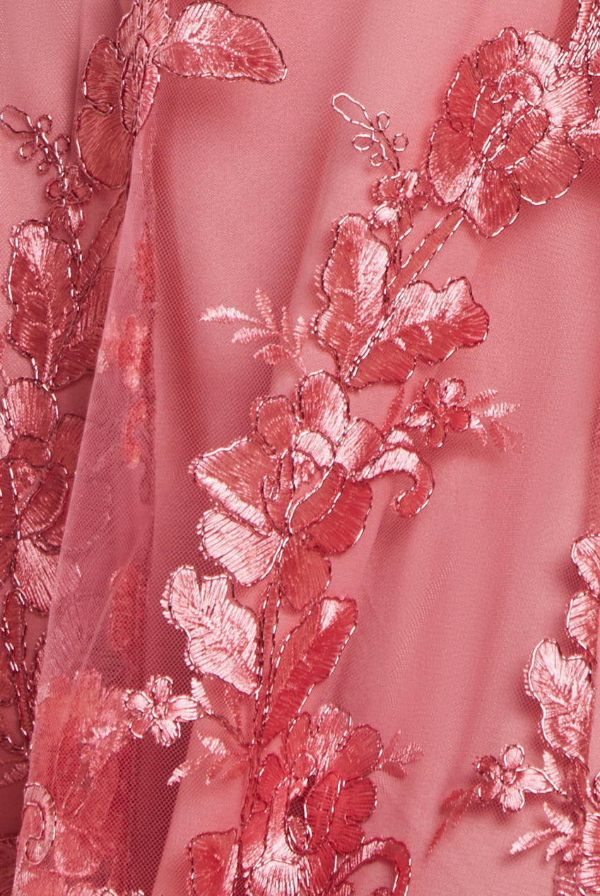 Goddiva Scalloped Neck Embroidered Lace High Low Midi Dress - Coral