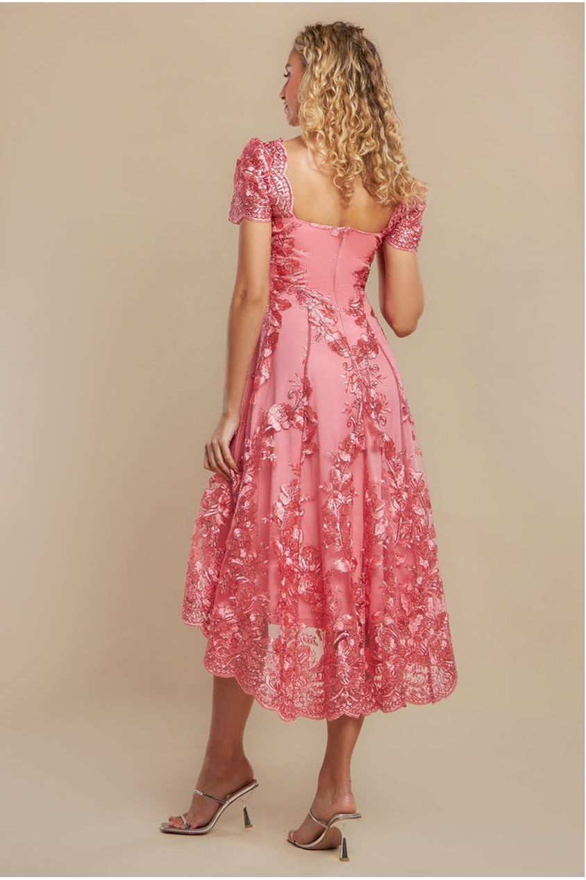 Goddiva Scalloped Neck Embroidered Lace High Low Midi Dress - Coral