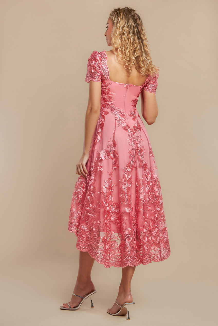 Goddiva Scalloped Neck Embroidered Lace High Low Midi Dress - Coral