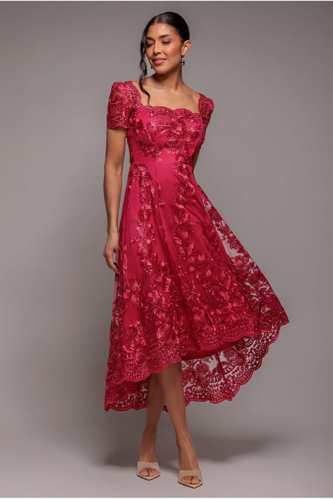 Goddiva Scalloped Neck Embroidered Lace High Low Midi Dress - Magenta