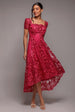 Goddiva Scalloped Neck Embroidered Lace High Low Midi Dress - Magenta