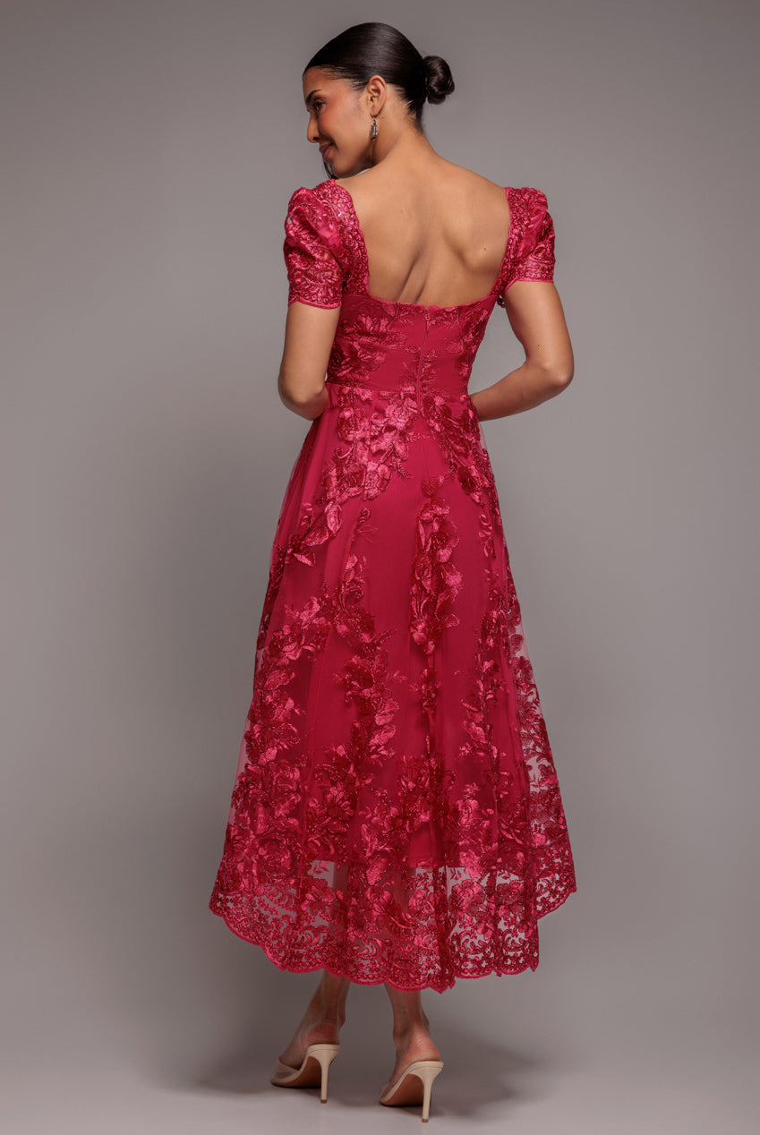 Goddiva Scalloped Neck Embroidered Lace High Low Midi Dress - Magenta