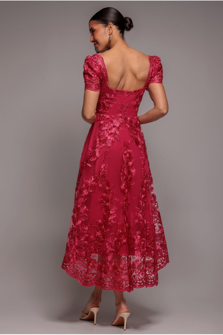 Goddiva Scalloped Neck Embroidered Lace High Low Midi Dress - Magenta