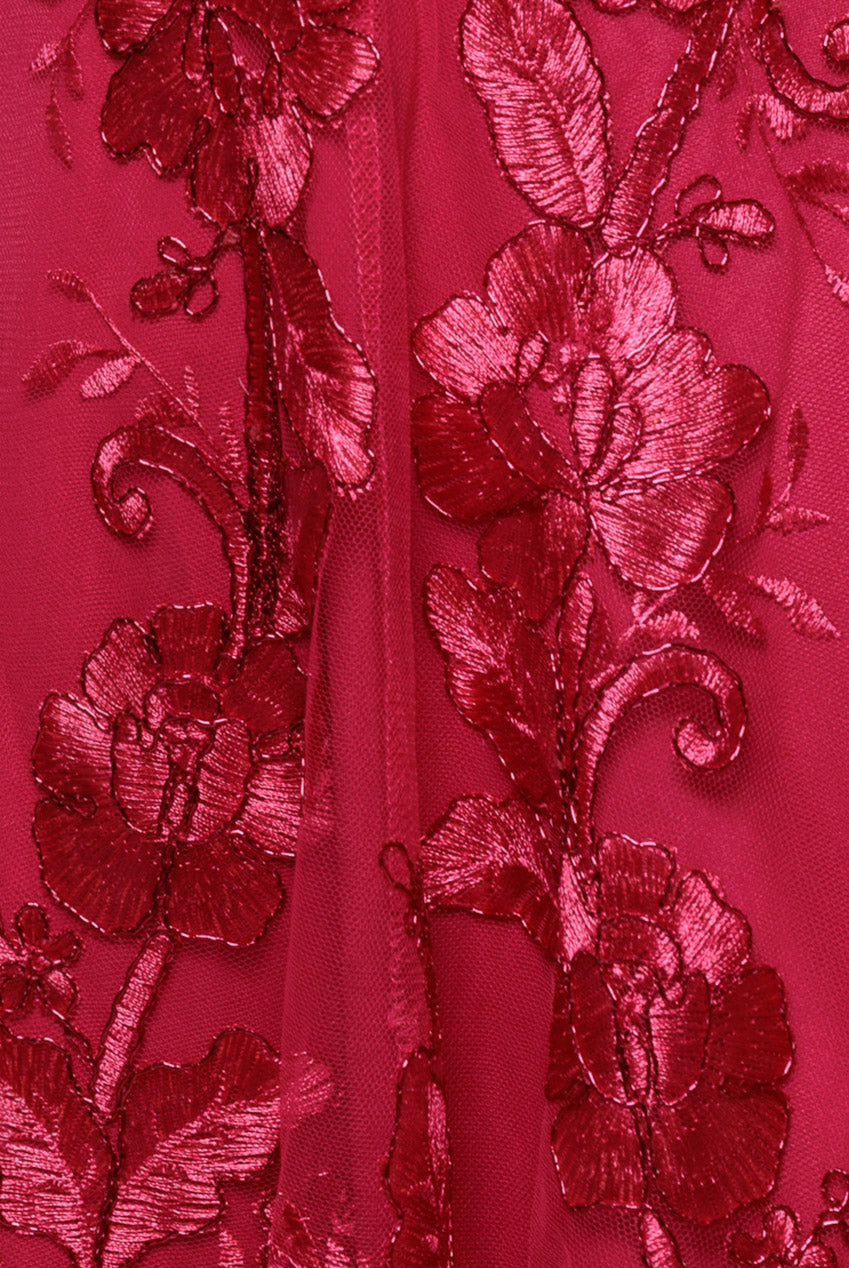 Goddiva Scalloped Neck Embroidered Lace High Low Midi Dress - Magenta