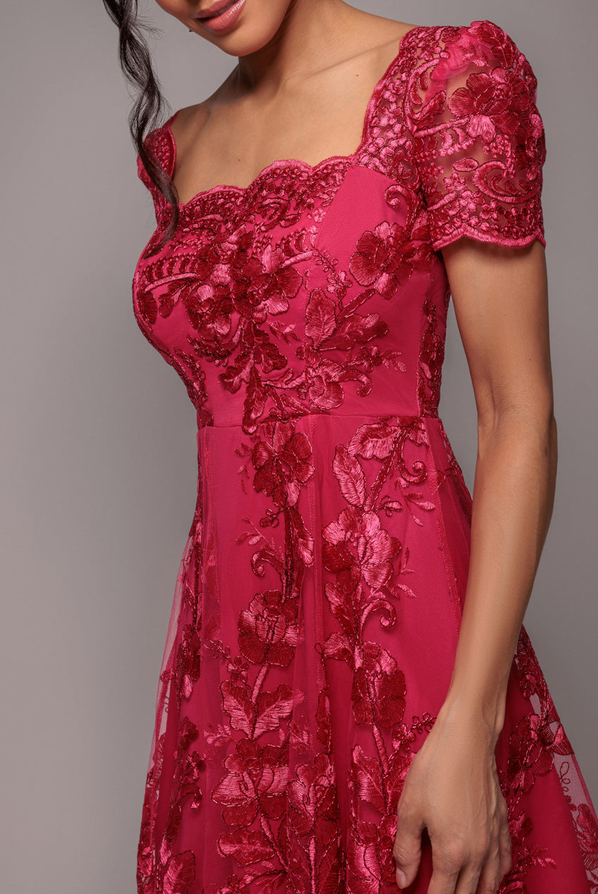 Goddiva Scalloped Neck Embroidered Lace High Low Midi Dress - Magenta