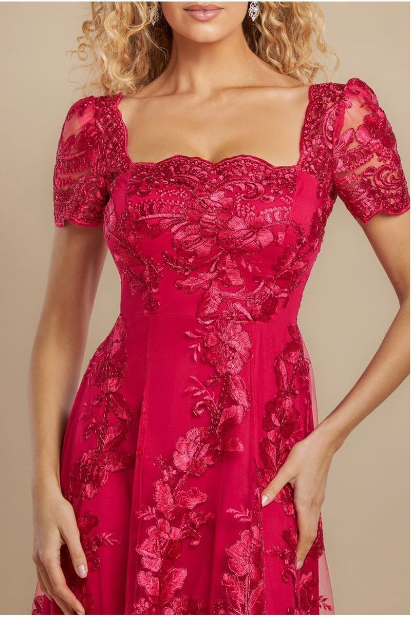 Goddiva Scalloped Neck Embroidered Lace High Low Midi Dress - Magenta