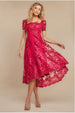 Goddiva Scalloped Neck Embroidered Lace High Low Midi Dress - Magenta