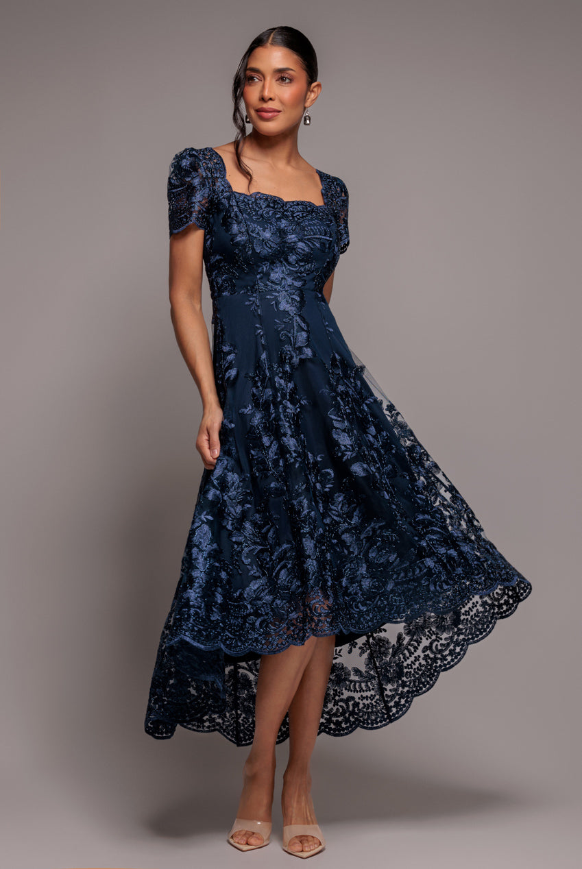 Goddiva Scalloped Neck Embroidered Lace High Low Midi Dress - Navy Blue
