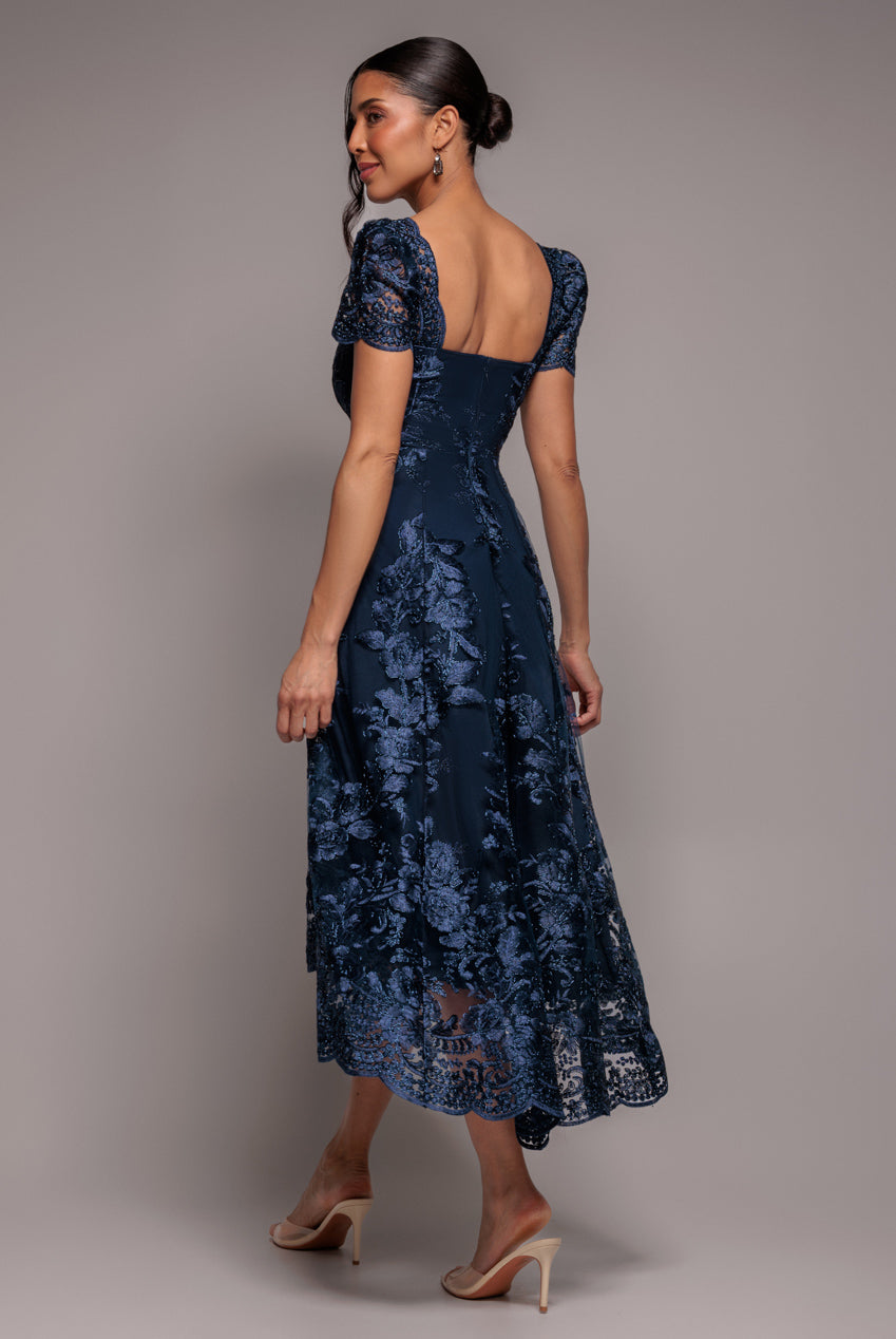 Goddiva Scalloped Neck Embroidered Lace High Low Midi Dress - Navy Blue