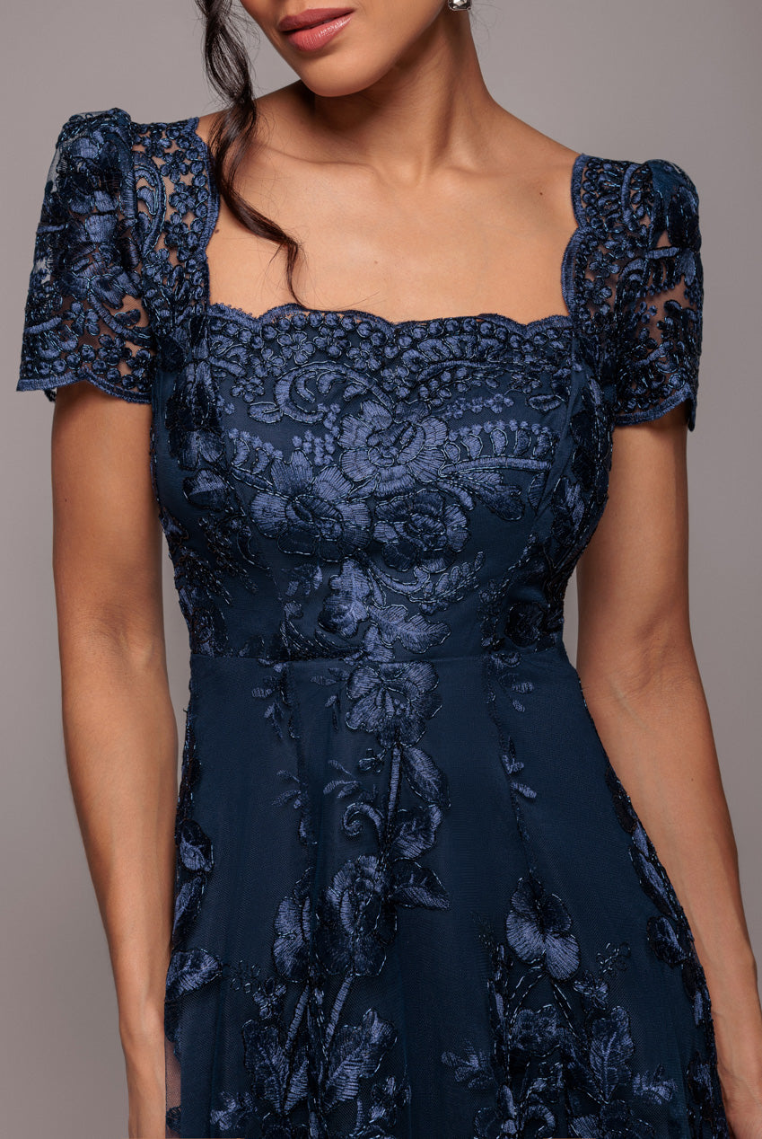 Goddiva Scalloped Neck Embroidered Lace High Low Midi Dress - Navy Blue