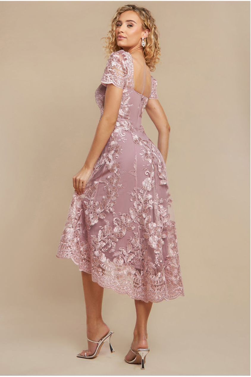 Goddiva Scalloped Neck Embroidered Lace High Low Midi Dress - Pink