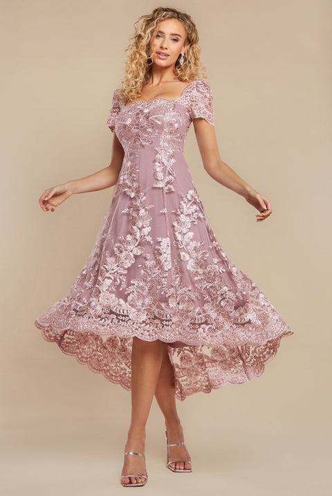 Goddiva Scalloped Neck Embroidered Lace High Low Midi Dress - Pink