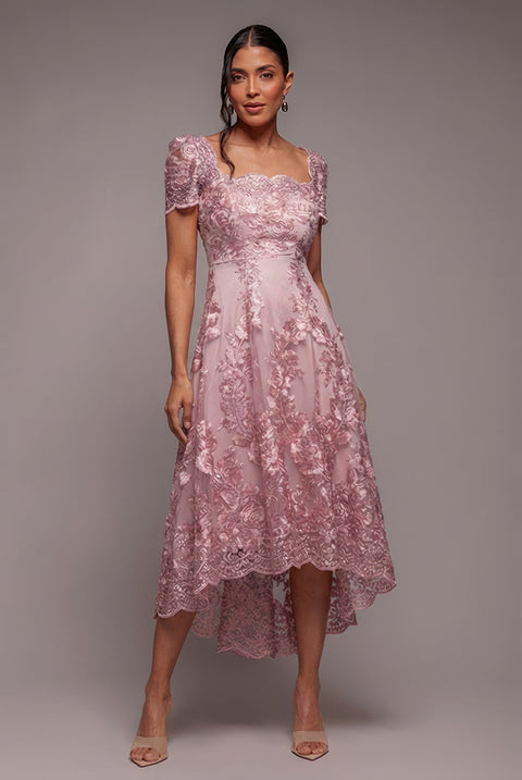 Goddiva Scalloped Neck Embroidered Lace High Low Midi Dress - Pink