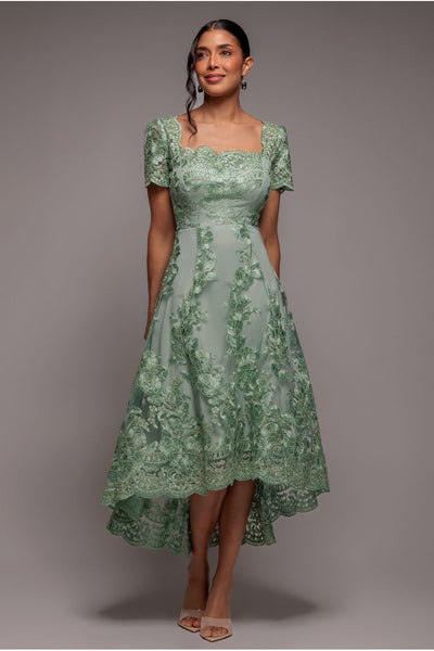SageGreen - Goddiva Scalloped Neck Embroidered Lace High Low Midi Dress - Sage Green