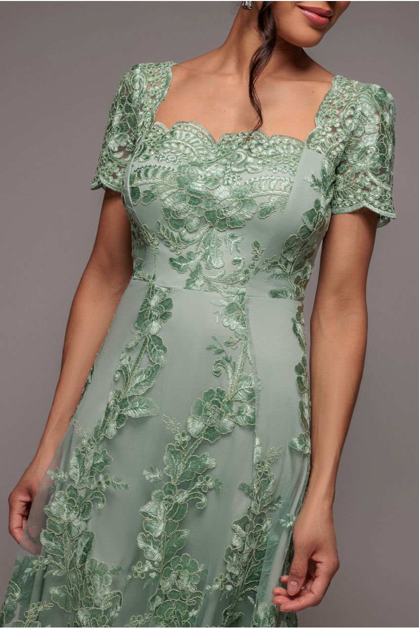 Goddiva Scalloped Neck Embroidered Lace High Low Midi Dress - Sage Green