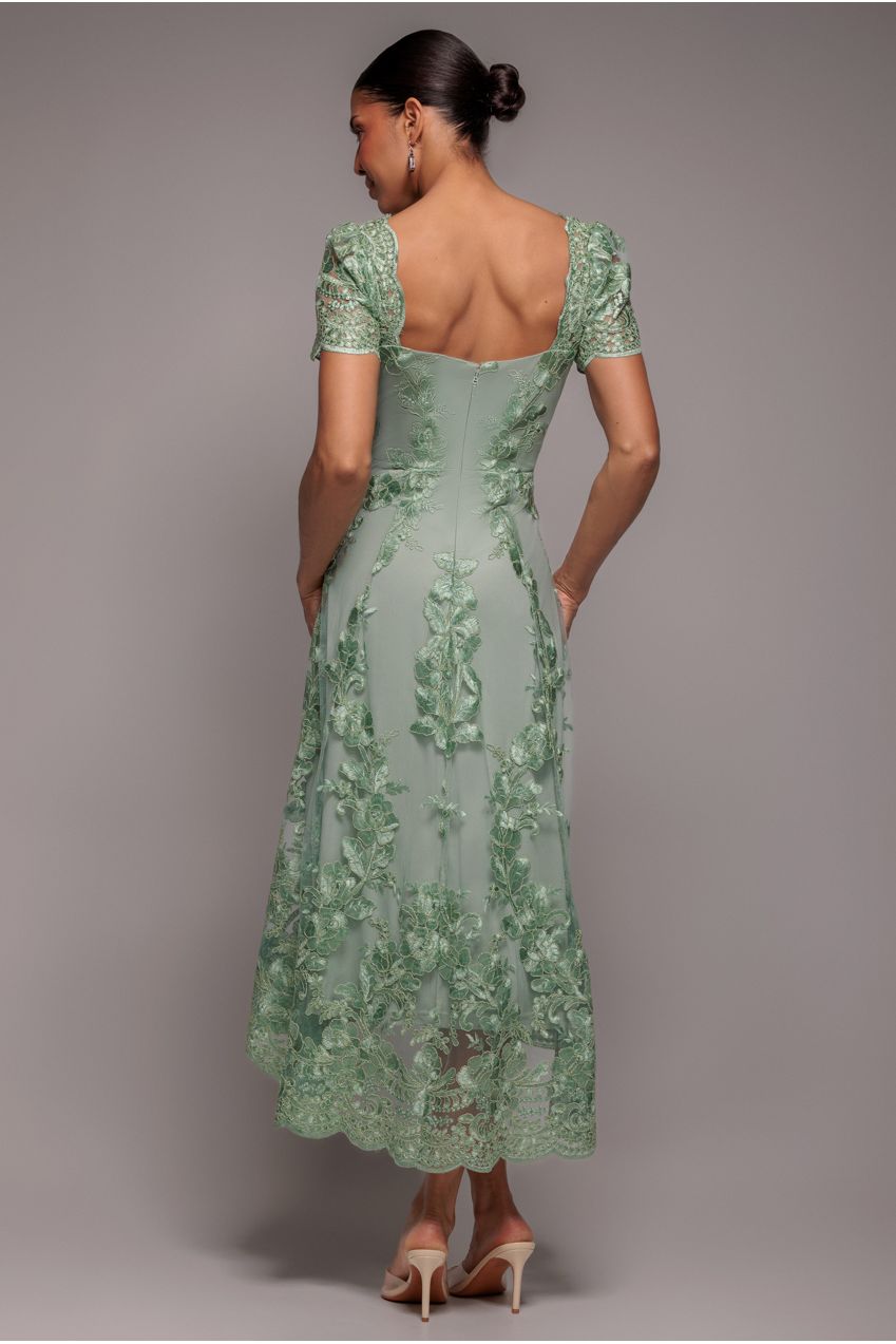 Goddiva Scalloped Neck Embroidered Lace High Low Midi Dress - Sage Green