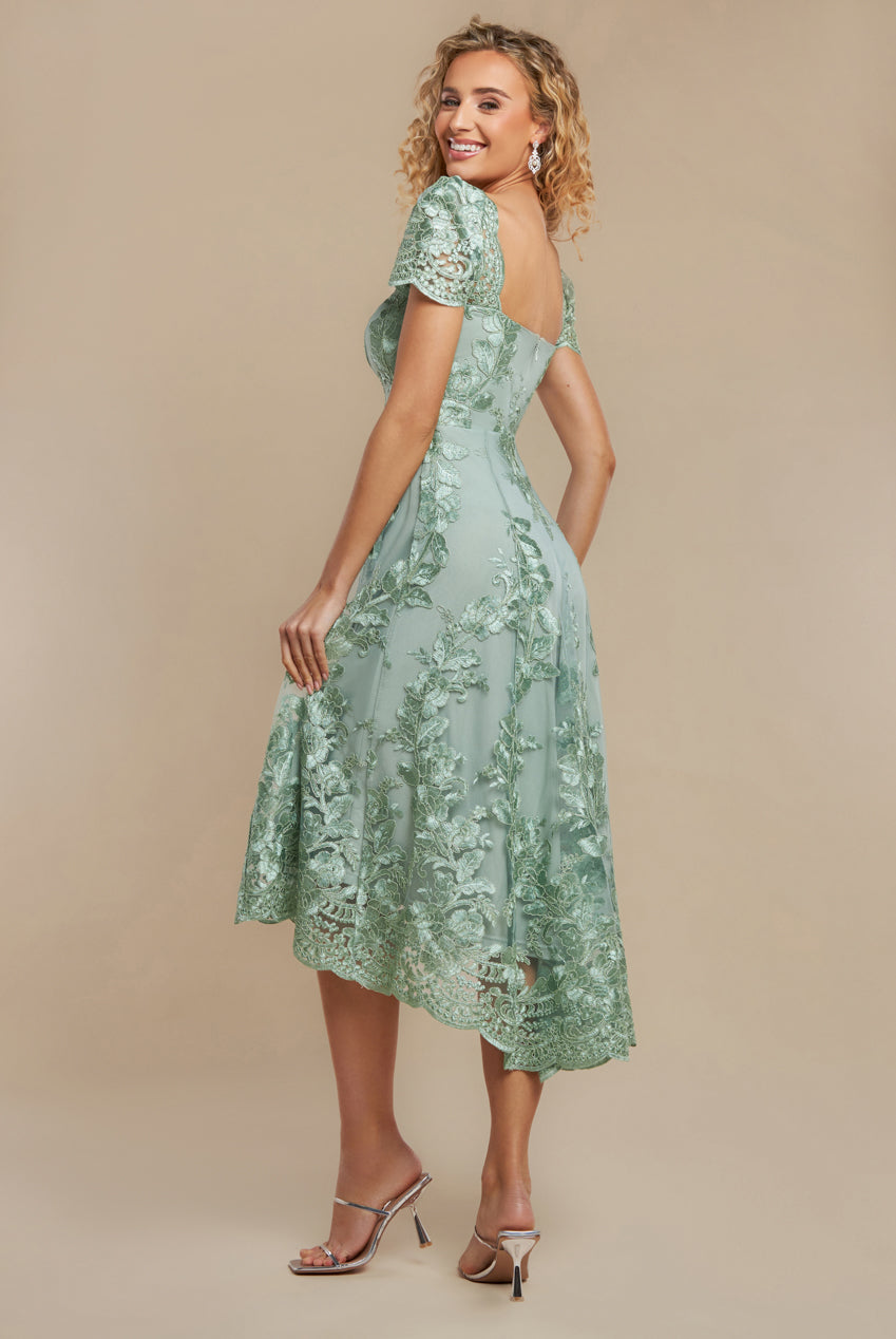 Goddiva Scalloped Neck Embroidered Lace High Low Midi Dress - Sage Green