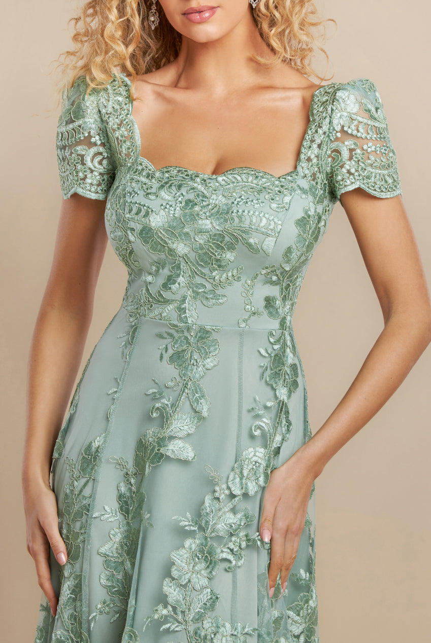 Goddiva Scalloped Neck Embroidered Lace High Low Midi Dress - Sage Green