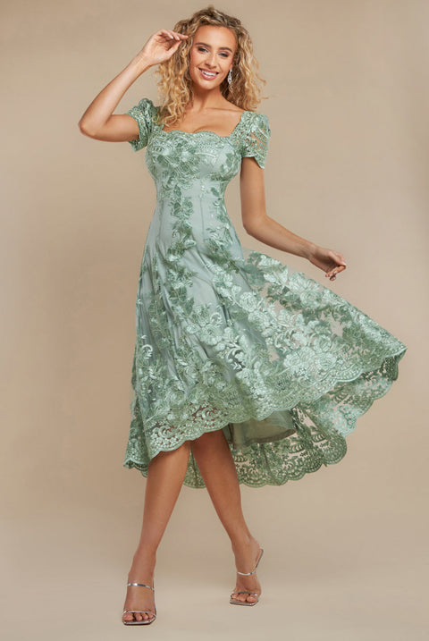 Goddiva Scalloped Neck Embroidered Lace High Low Midi Dress - Sage Green