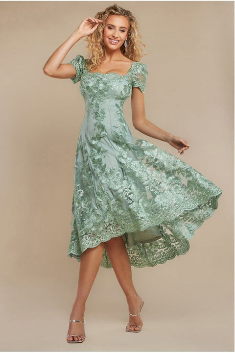 Goddiva Scalloped Neck Embroidered Lace High Low Midi Dress - Sage Green