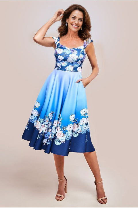 Goddiva Floral Printed Scuba Foam Skater Dress - Blue