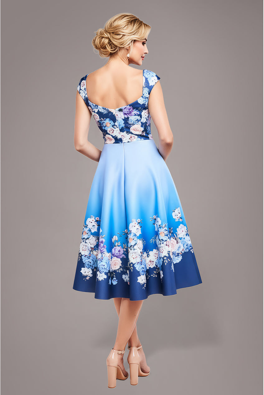 Goddiva Floral Printed Scuba Foam Skater Dress - Blue