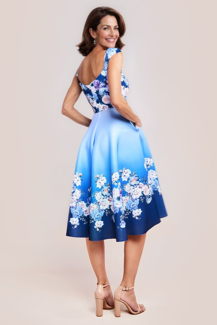 Goddiva Floral Printed Scuba Foam Skater Dress - Blue