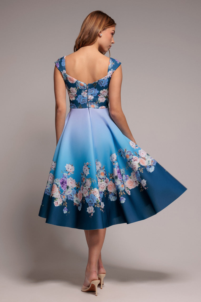 Goddiva Floral Printed Scuba Foam Skater Dress - Blue