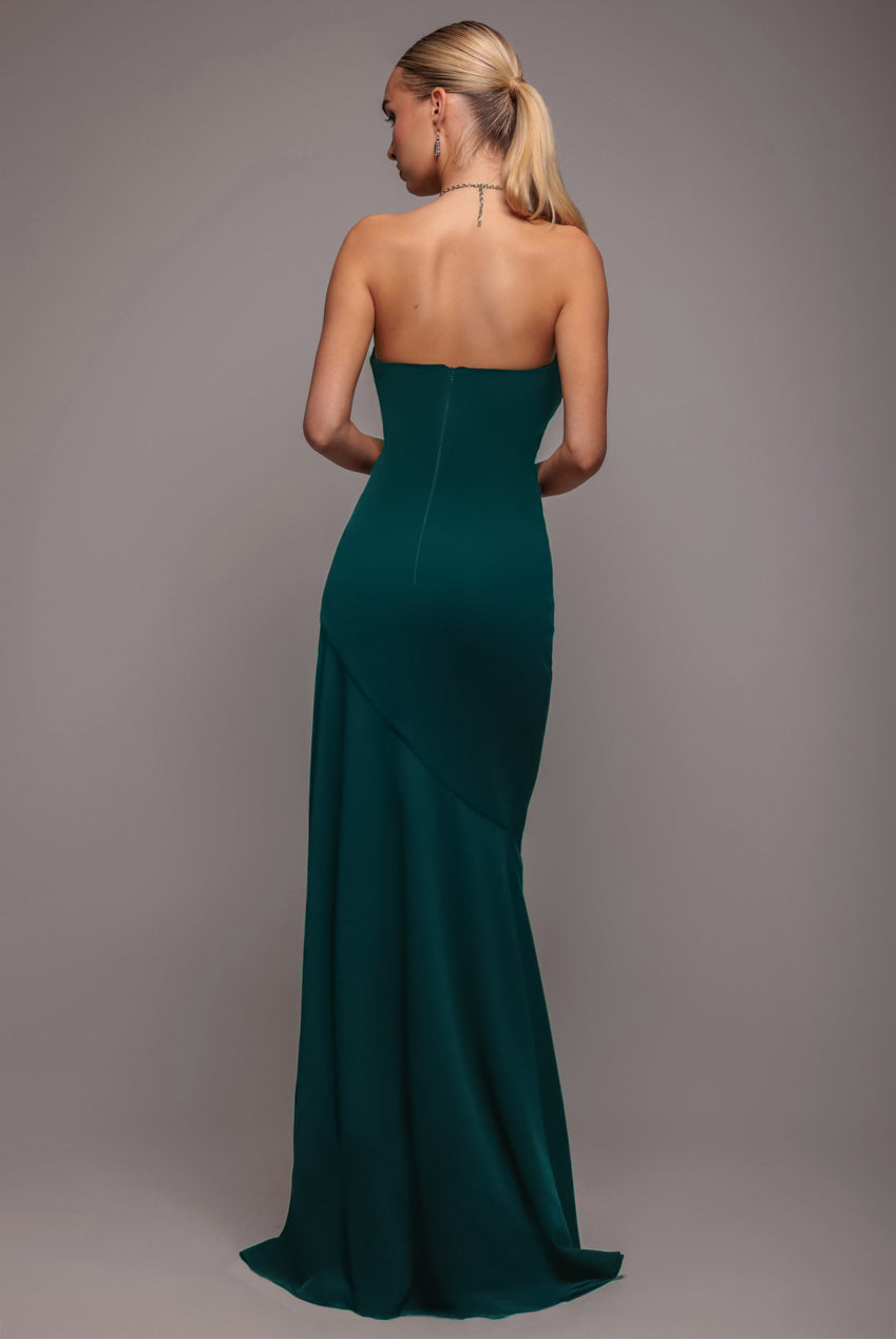Goddiva Scuba Crepe Bandeau Maxi With Diamante Necklace - Emerald Green