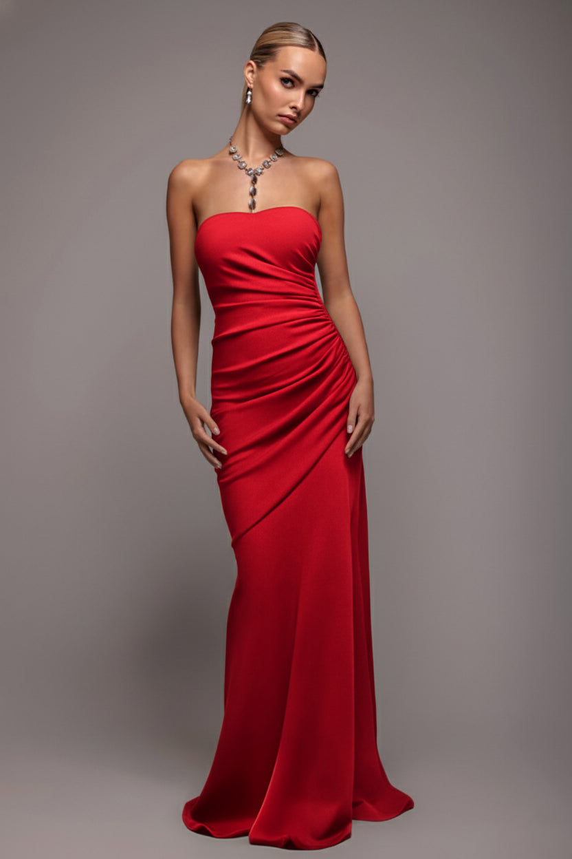 Goddiva Scuba Crepe Bandeau Maxi With Diamante Necklace - Red