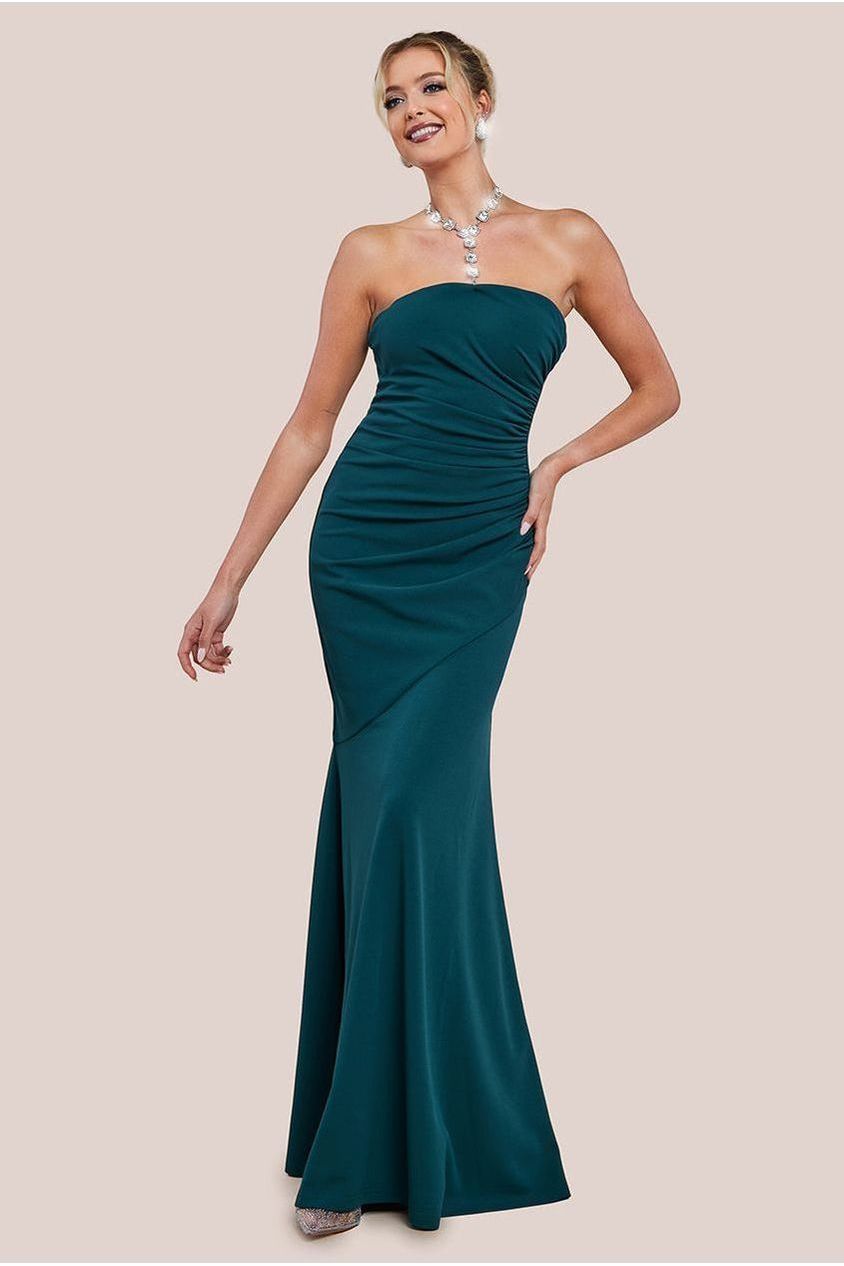 Goddiva Scuba Crepe Bandeau Maxi With Diamante Necklace - Emerald Green