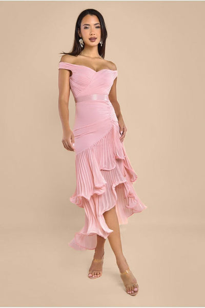 BlushPink - Goddiva Pleated Bardot High Low Tier Chiffon Midaxi Dress - Blush Pink