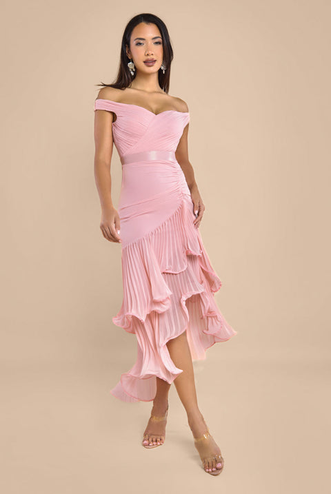 Goddiva Pleated Bardot High Low Tier Chiffon Midaxi Dress - Blush Pink