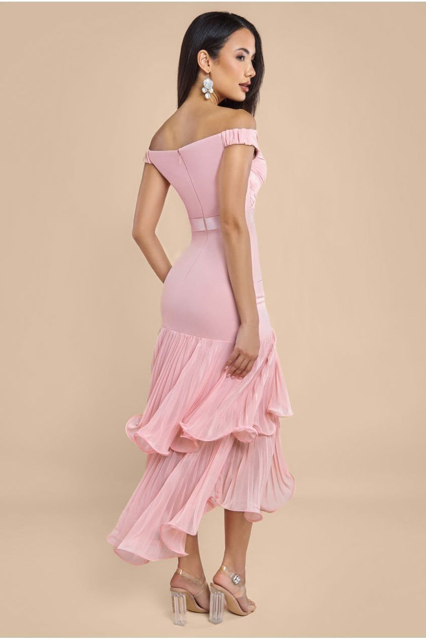 Goddiva Pleated Bardot High Low Tier Chiffon Midaxi Dress - Blush Pink