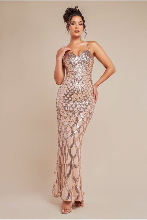 Goddiva Diamante Strap Fish Scale Sequin Maxi Dress - Champagne