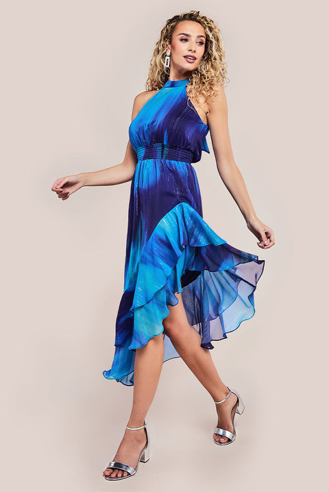 Goddiva Halter Neck Chiffon Tie Midaxi Dress - Navy