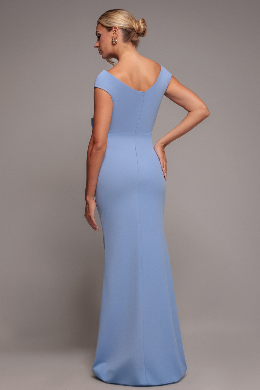 Goddiva Scuba Crepe Rose Frill Maxi Dress - Cornflower Blue
