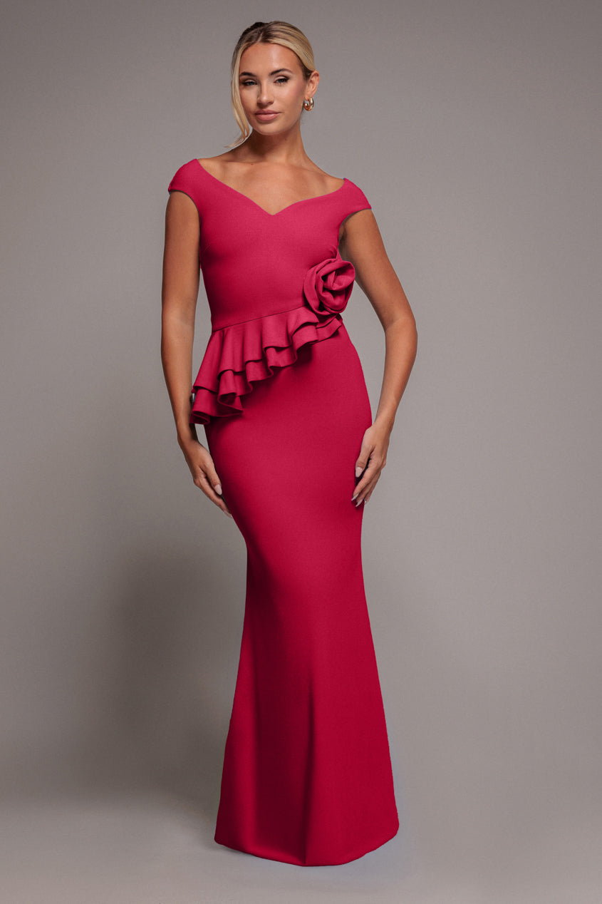 Goddiva Scuba Crepe Rose Frill Maxi Dress - Magenta