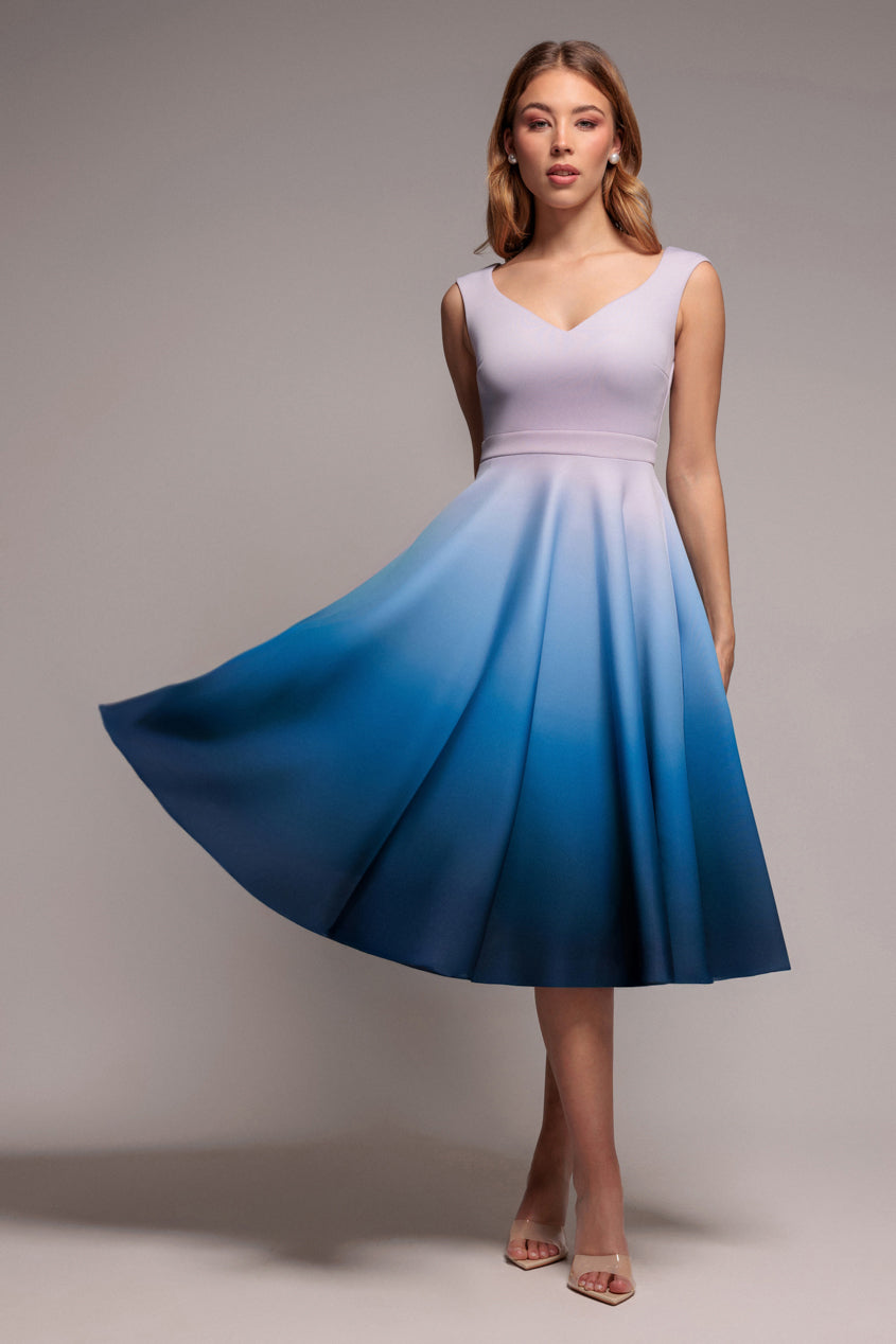 Goddiva Ombre Scuba Foam Bardot A-Line Midi Dress - Light Blue