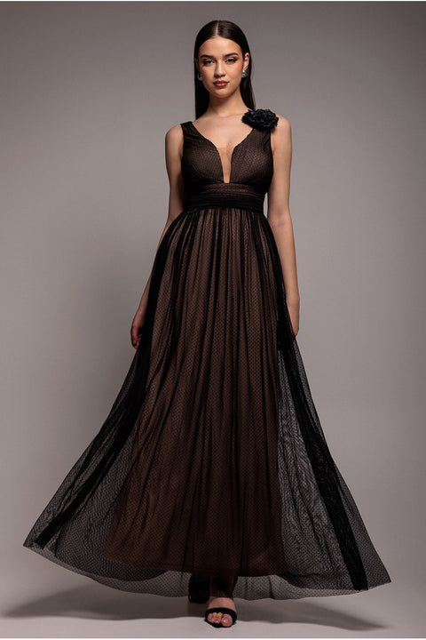 Goddiva Sleeveless Pleated Dobby Mesh Corsage Maxi Dress - Black