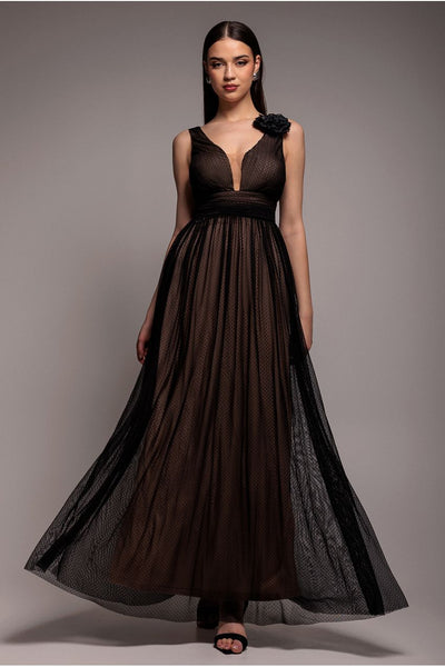 Black - Goddiva Sleeveless Pleated Dobby Mesh Corsage Maxi Dress - Black