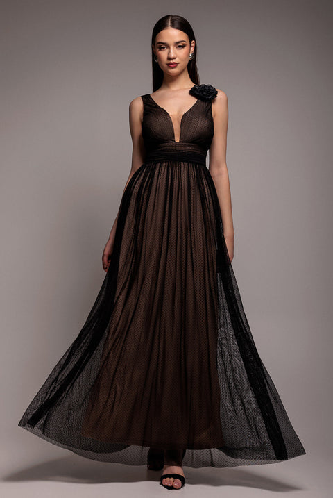 Goddiva Sleeveless Pleated Dobby Mesh Corsage Maxi Dress - Black