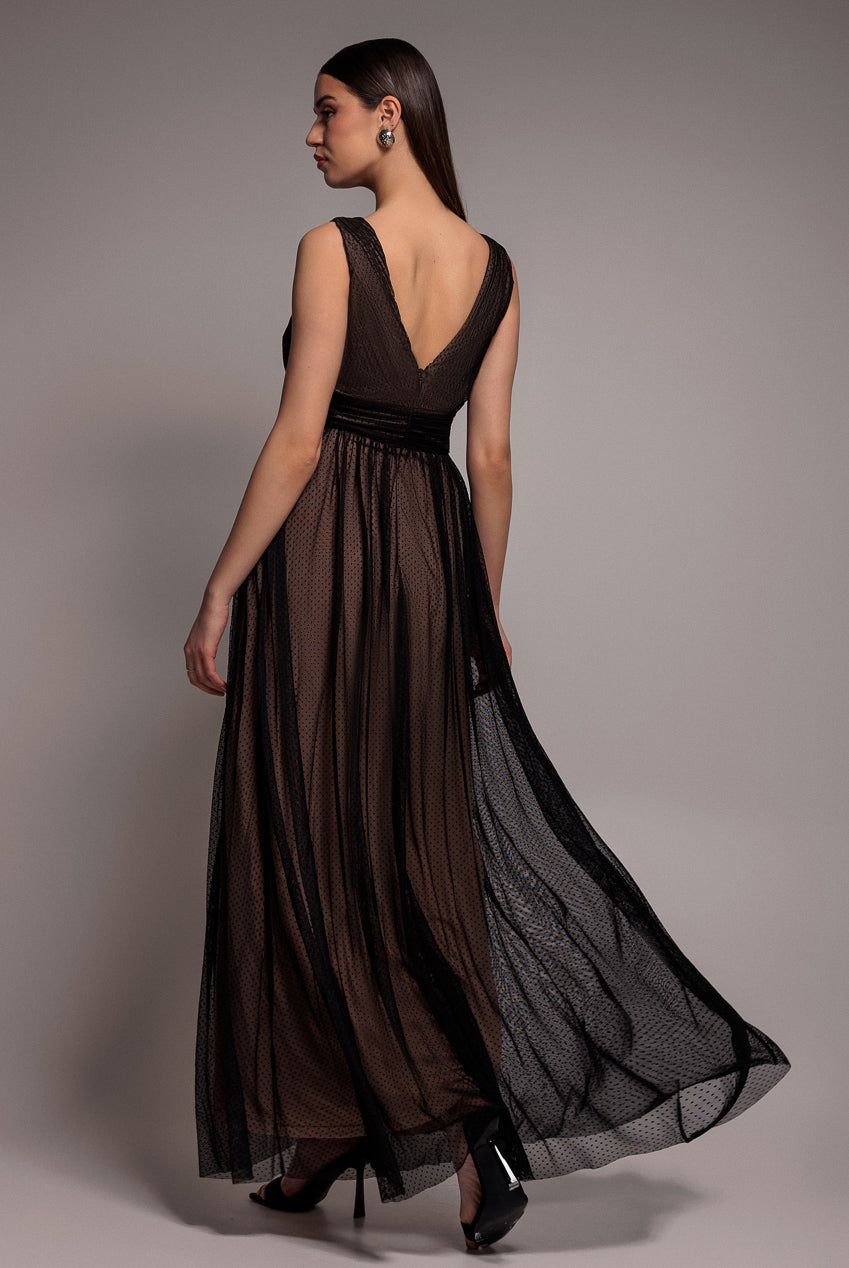 Goddiva Sleeveless Pleated Dobby Mesh Corsage Maxi Dress - Black