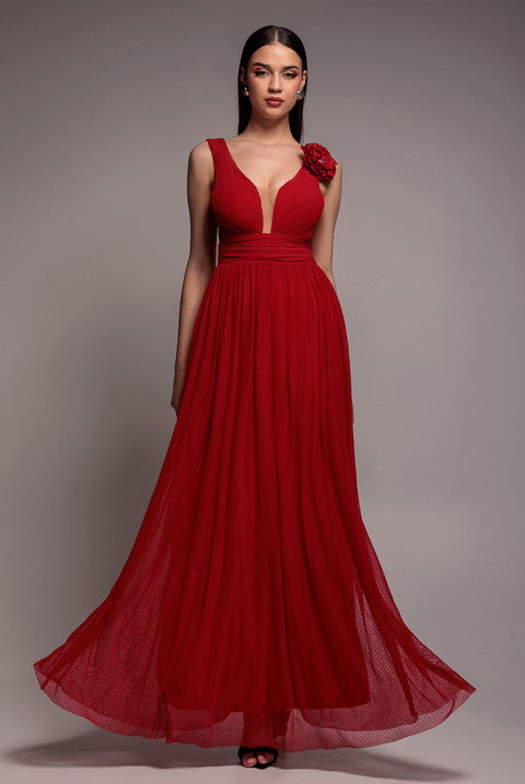 Goddiva Sleeveless Pleated Dobby Mesh Corsage Maxi Dress - Red